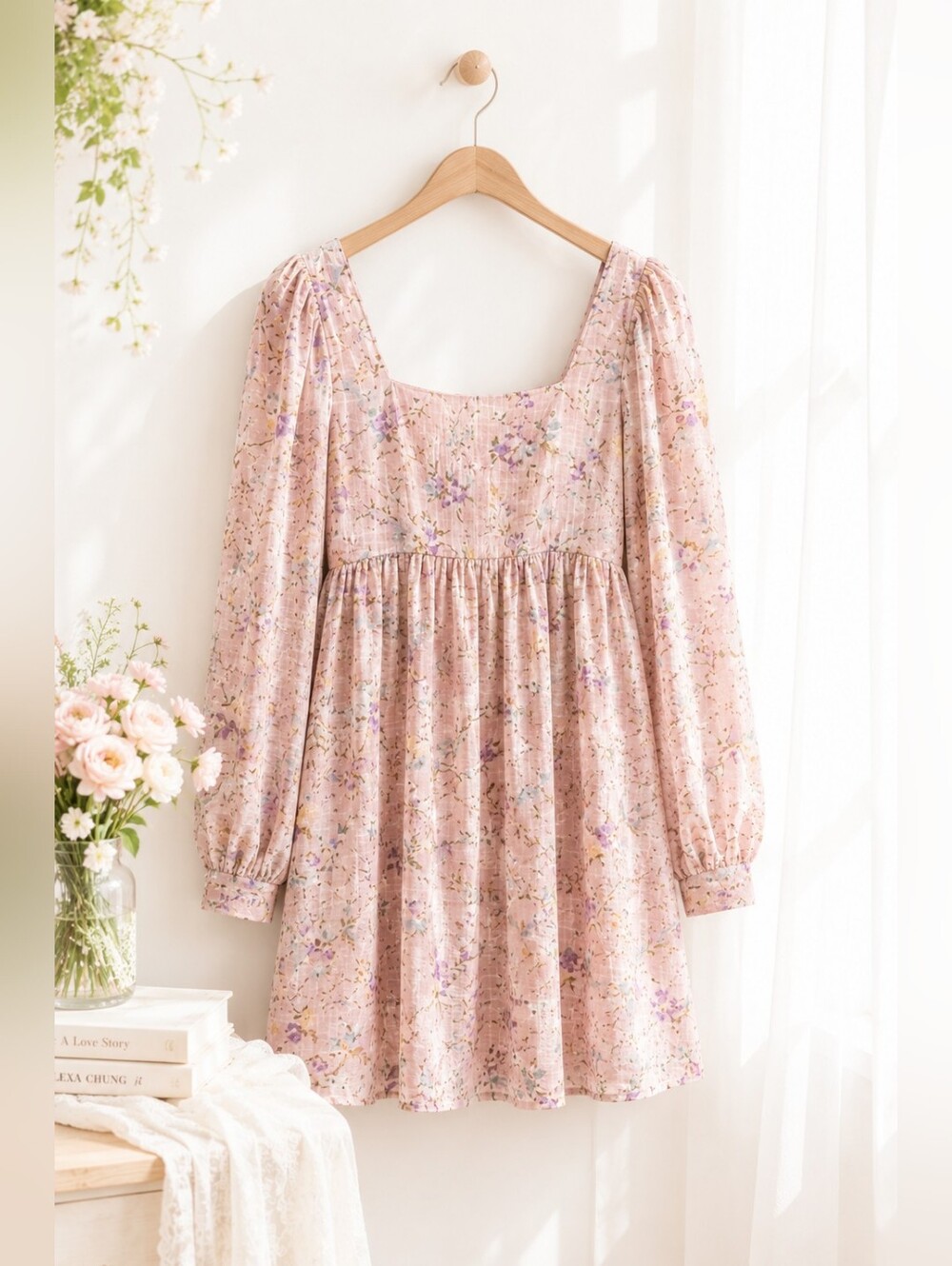 Blu Pepper Blush Pink Floral Babydoll Puff Sleeve Mini Dress | Size M - Picture 4 of 7